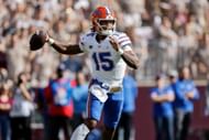 Anthony Richardson #15 of the Florida Gators looks to pass in the first quarter against the Texas A&M Aggies